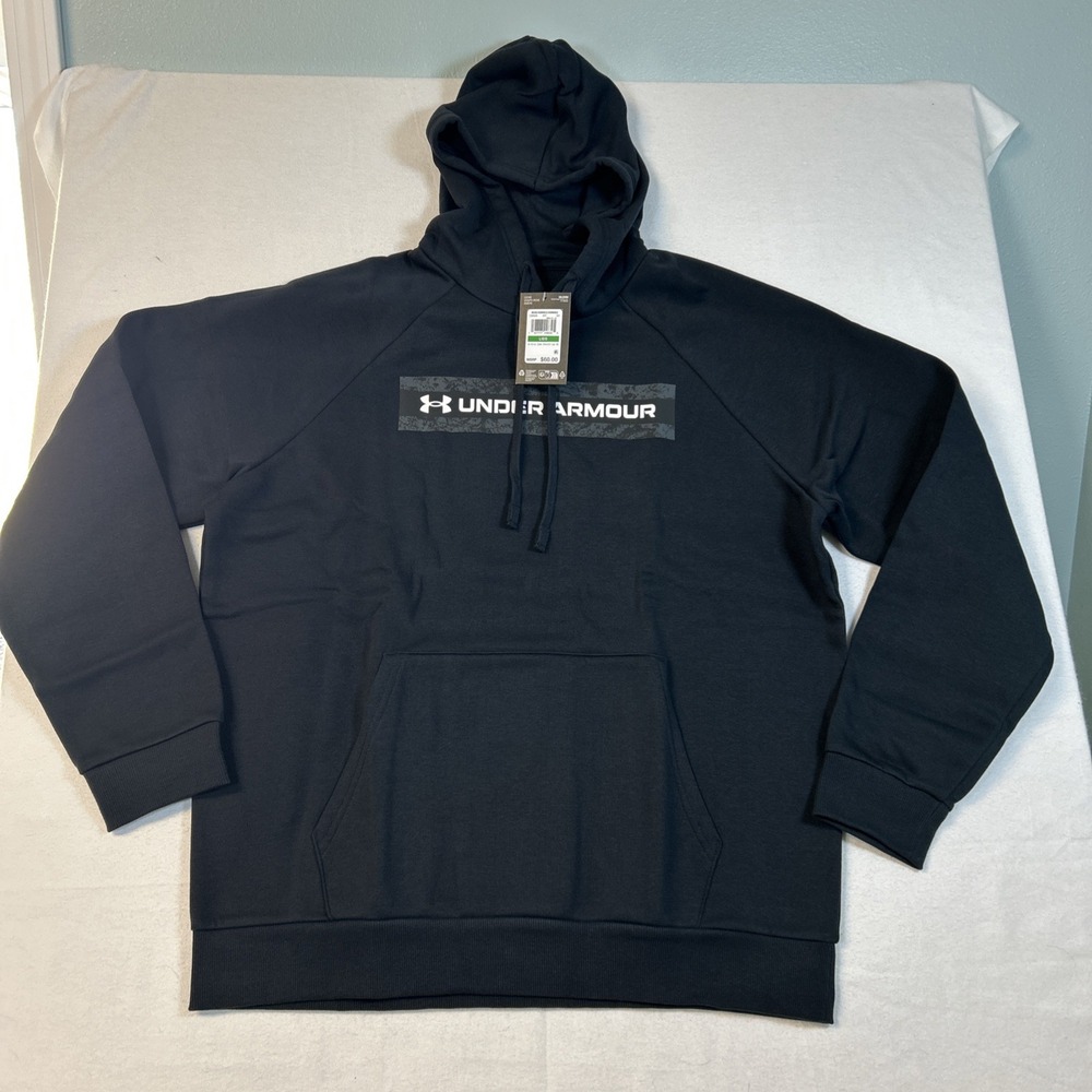Under Armour Mens Rival Fleece Camo Chest Stripe Logo Hoodie Black 1386595 NEW L